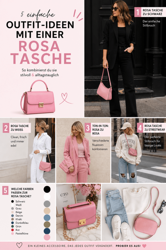 Schaubild mit 5 Outfits für rosa Taschen, ganz schwarz, ganz weiß, ganz rosa, Streetwear und mit weißem T-Shirt und heller Jeans