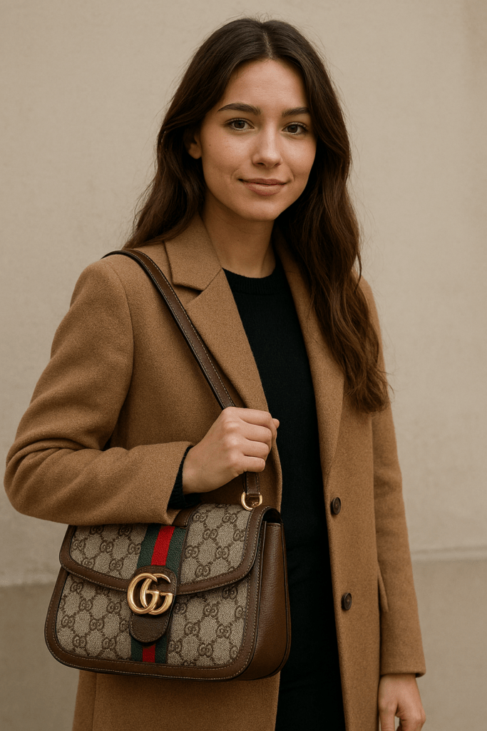 Junge frau trägt Designertasche