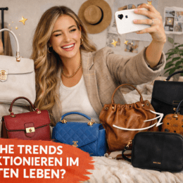 Mädchen fotografiert sich mit Taschen um sich herum