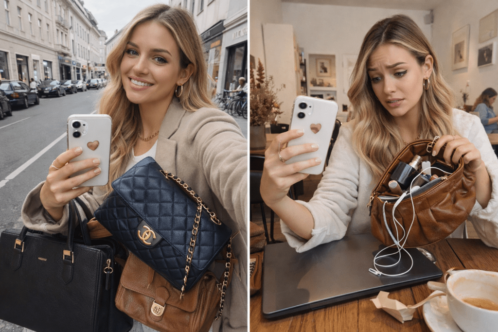 Mädchen zeigt ihren Tascheninhalt