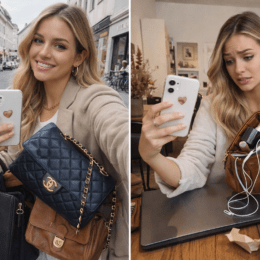 Mädchen zeigt ihren Tascheninhalt