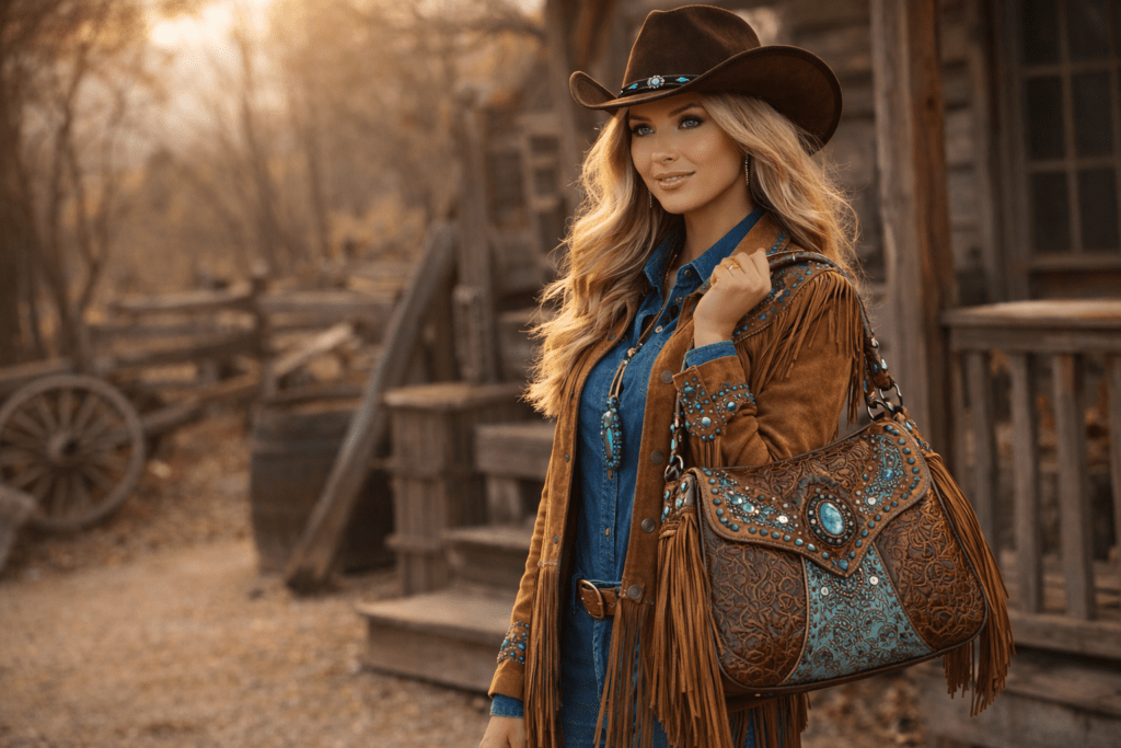 Dame im Westernlook mit brauner Westernhandtasche mit Fransen und Türkisstein