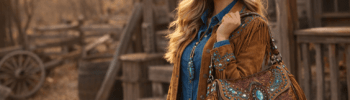 Dame im Westernlook mit brauner Westernhandtasche mit Fransen und Türkisstein