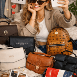 Mädchen inmitten von Markentaschen aus Deutschland