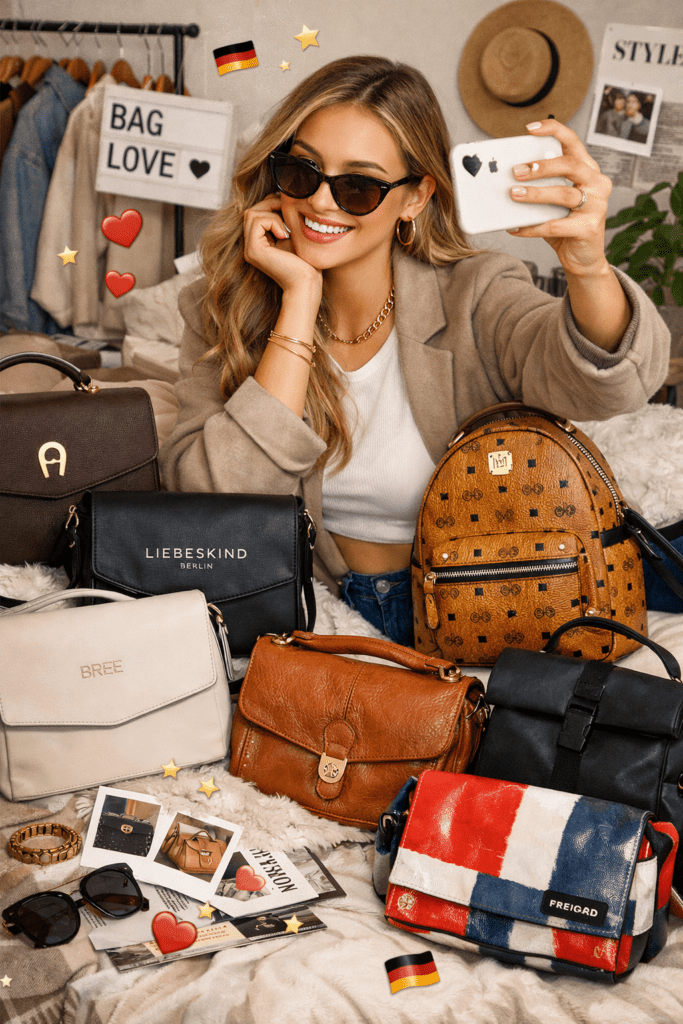 Mädchen inmitten von Markentaschen aus Deutschland