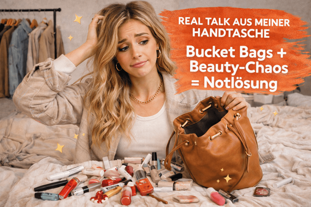 Mädchen vor bucket bag und chaotischer Inhalt