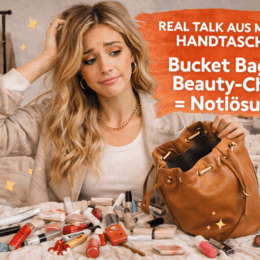 Mädchen vor bucket bag und chaotischer Inhalt