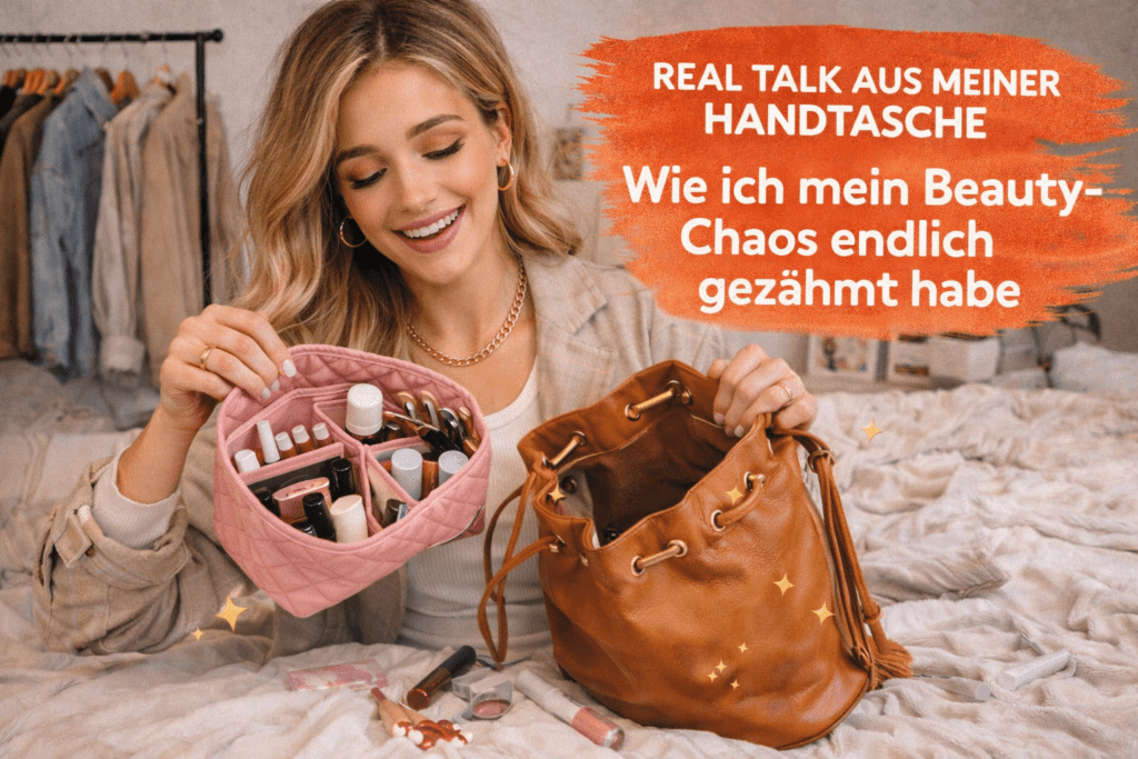 mädchen mit Bucket bag und organizer für kosmetik