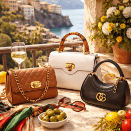 Italienische Taschen auf Tisch mit Oliven, schöne Aussicht aufs Meer