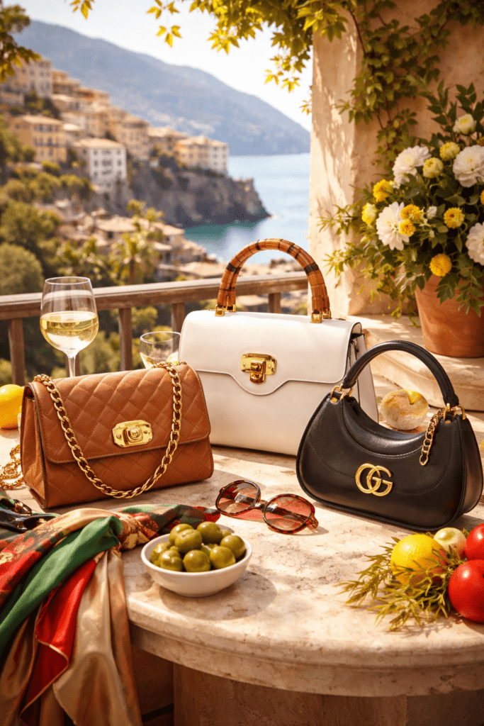 Italienische Taschen auf Tisch mit Oliven, schöne Aussicht aufs Meer