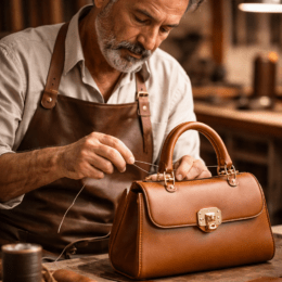 Italienischer Handwerker näht eine Tasche