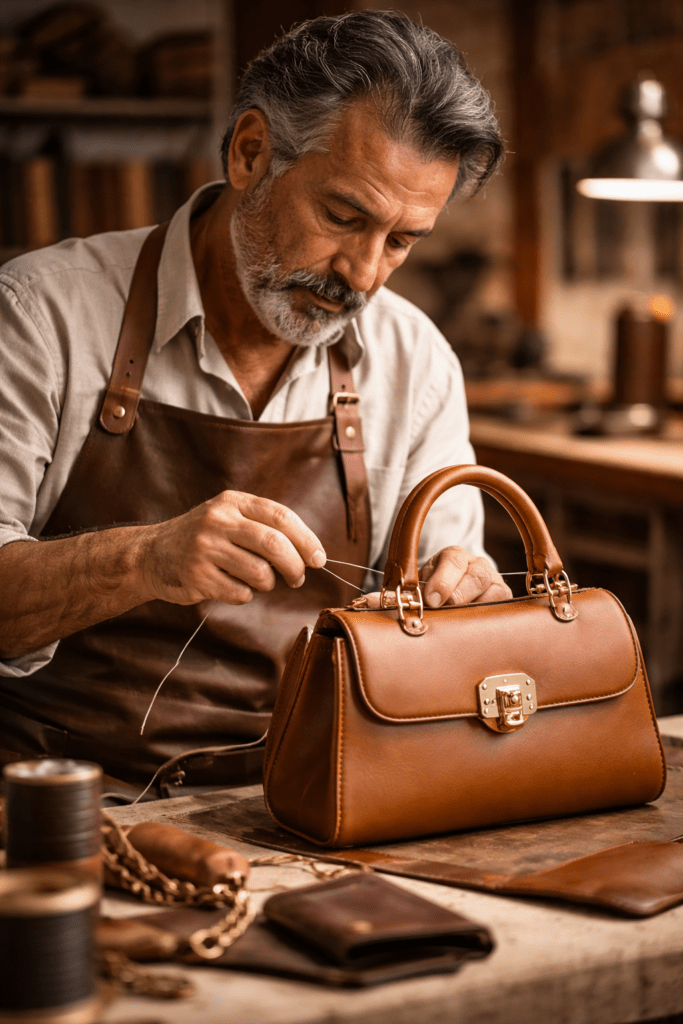 Italienischer Handwerker näht eine Tasche