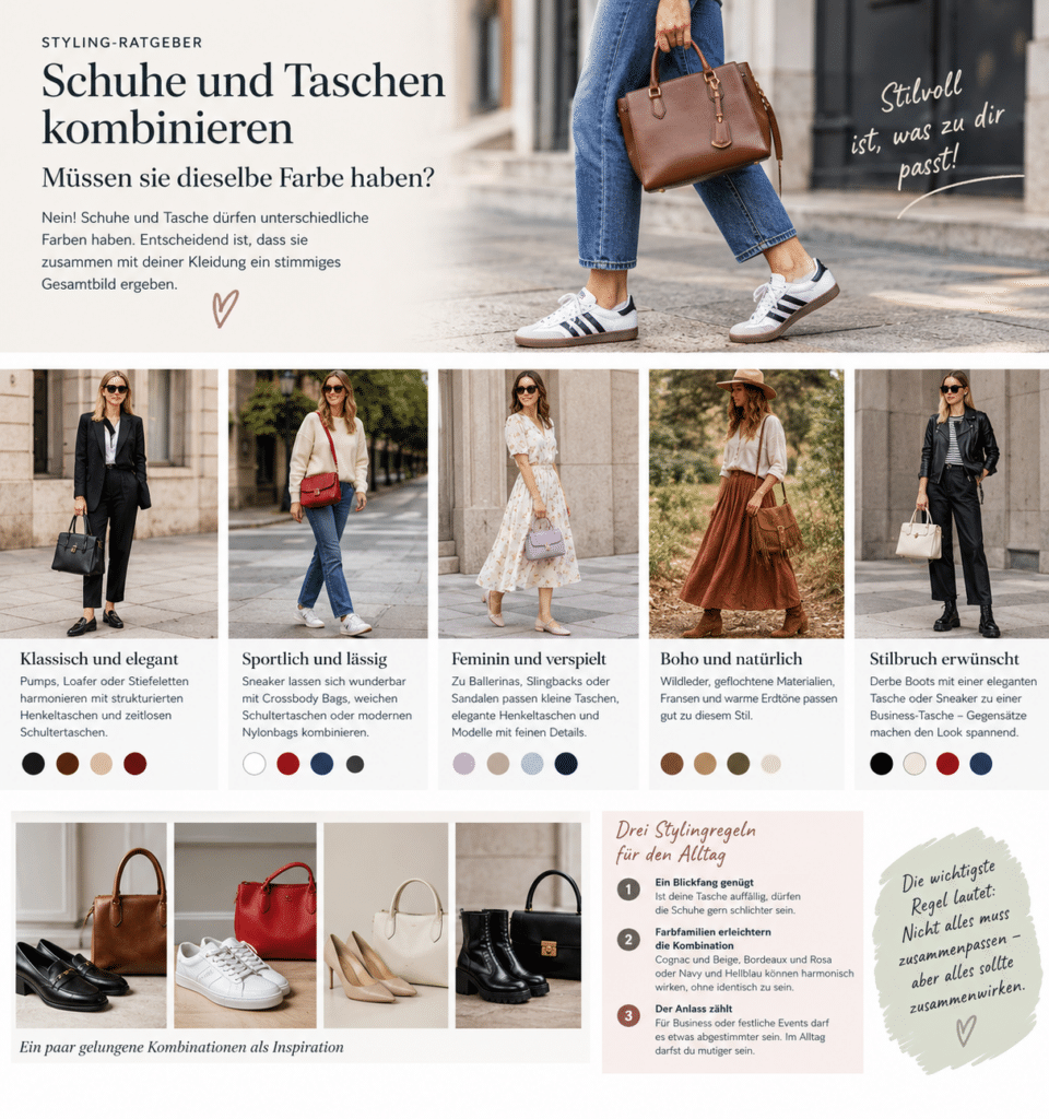 Schuhe und Taschen kombinieren: Müssen sie dieselbe Farbe haben?